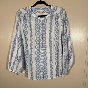 NWT Lucky Brand Boho Blue and White Floral Cotton Button Down Peasant Top Large